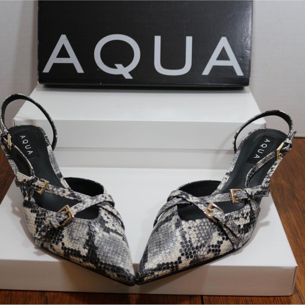 Aqua Jacey Snakeskin Print Pointed Toe Slingback Kitten Heels Grey Black Buckle